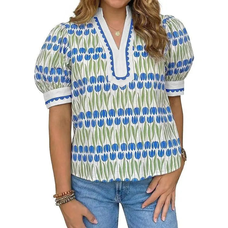 TANKANEO Women's Elegant Chic V-Neck Puff Sleeve Polyester Blouse - Dressy Tops for Coffee, Party, Summer, Loose Fit with Floral or Leopard Prints, Blouses for Women