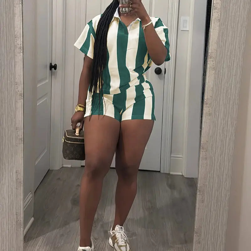 USBOUTIQUE CHIC Women's 2026 Spring Two Piece Set Striped Short Sleeve Top & Drawstring Shorts Casual Outfit for Comfort
