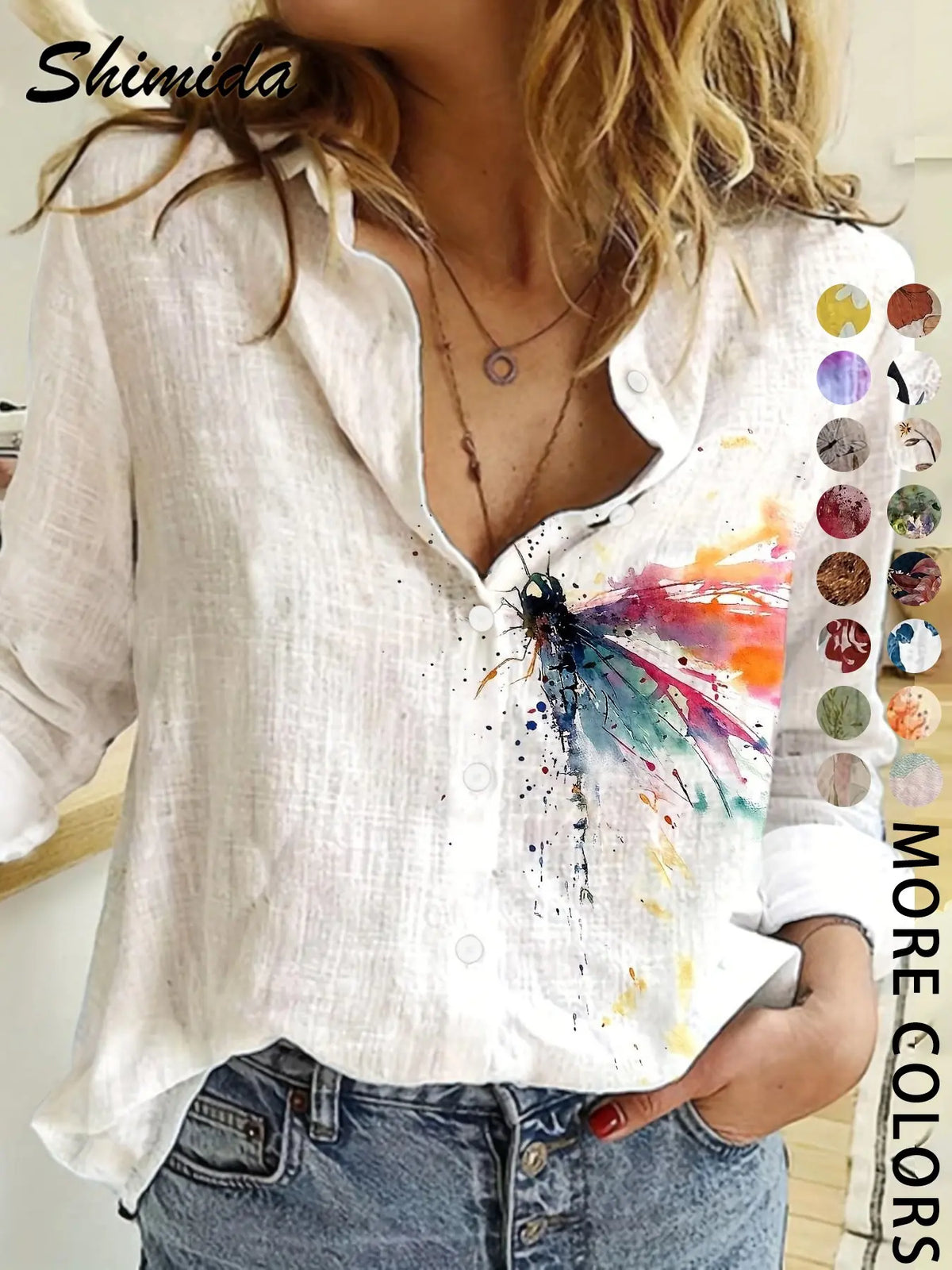 Women's Four-Season Button-Up Shirt, Digital Floral Print Long Sleeve Basic Blouse, Casual Vacation Lapel Boho Cottagecore Blouse, Soft Tops for Casual Daily Wear, Boho Style Shirt