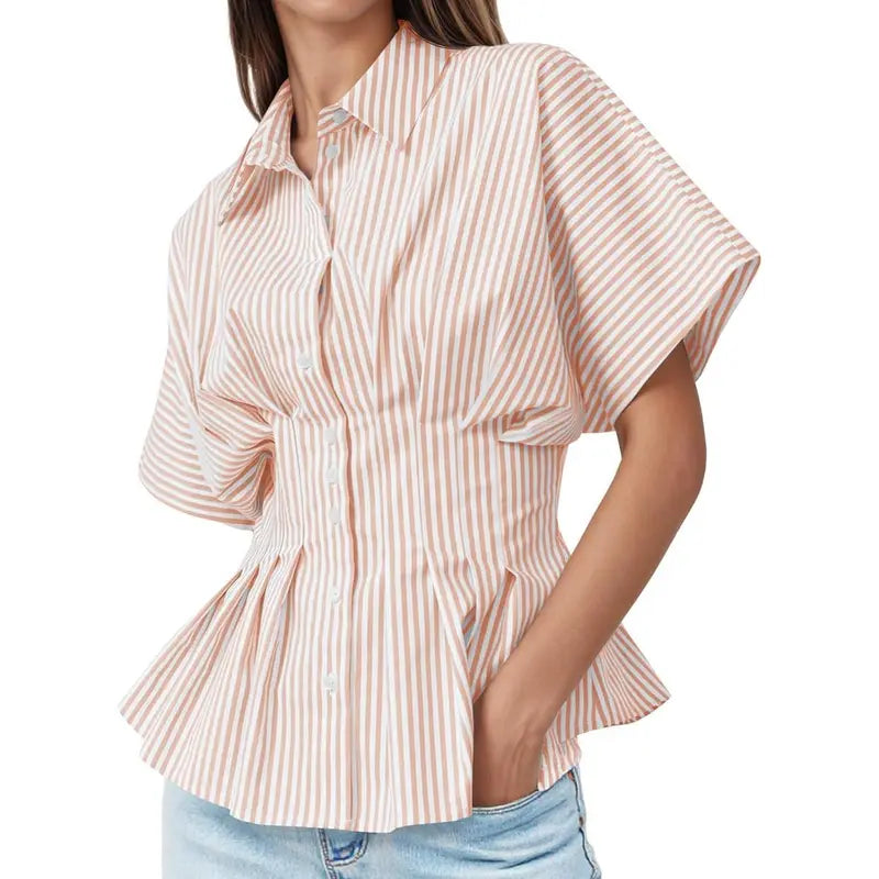 TANKANEO Women's Striped Peplum Button-Down Blouse - Short-Sleeve Batwing, Fitted Waisted, Pleated Polyester Shirts for Women, Flattering Everyday Tops, Breathable Casual Summer Business Wear