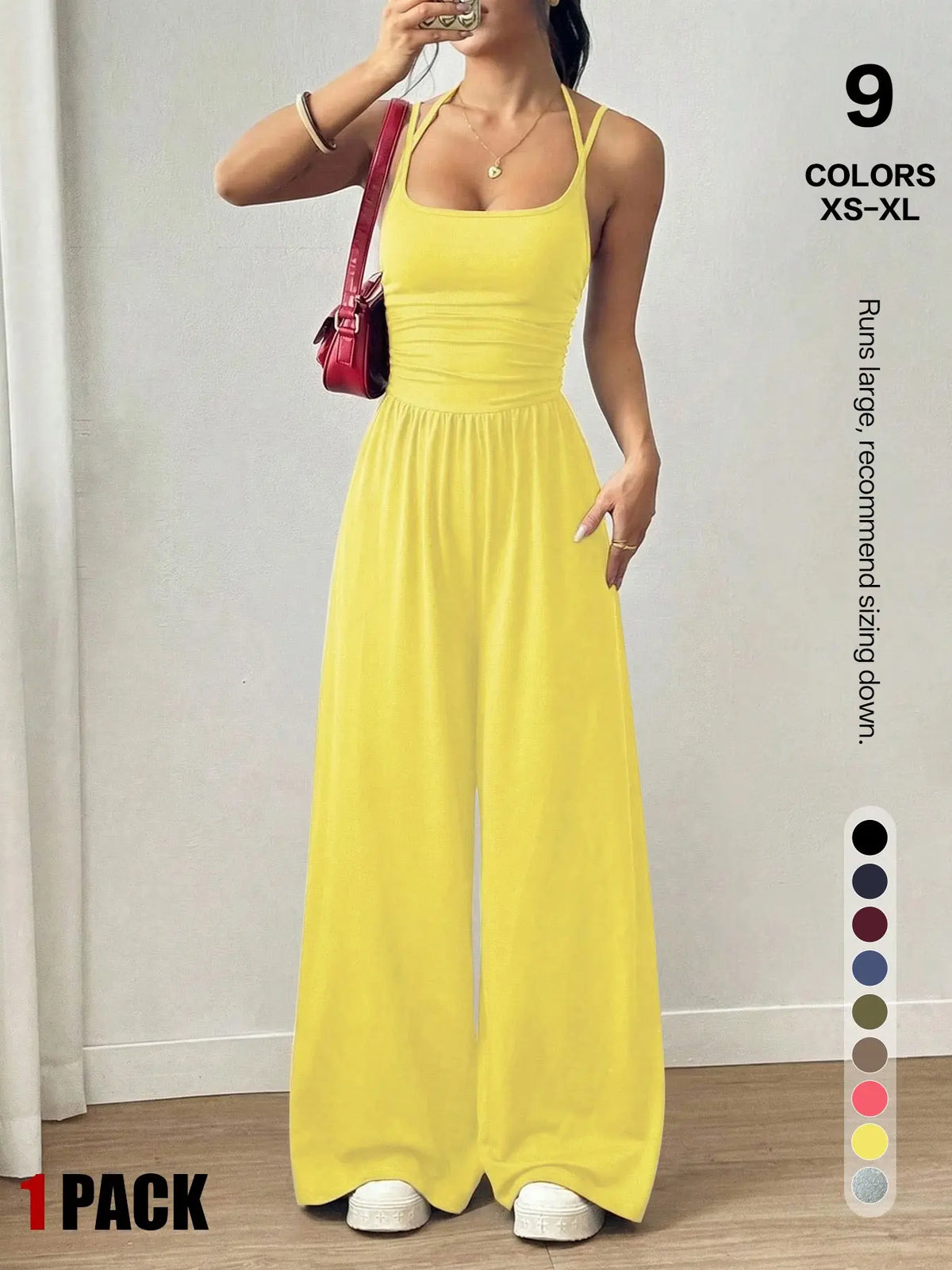 Women's Backless Jumpsuit, Basic Spaghetti Strap Smocked Bodice One Piece Romper, Sleeveless Wide Leg Casual Outfit, No Pockets, All Seasons Vacation Wear