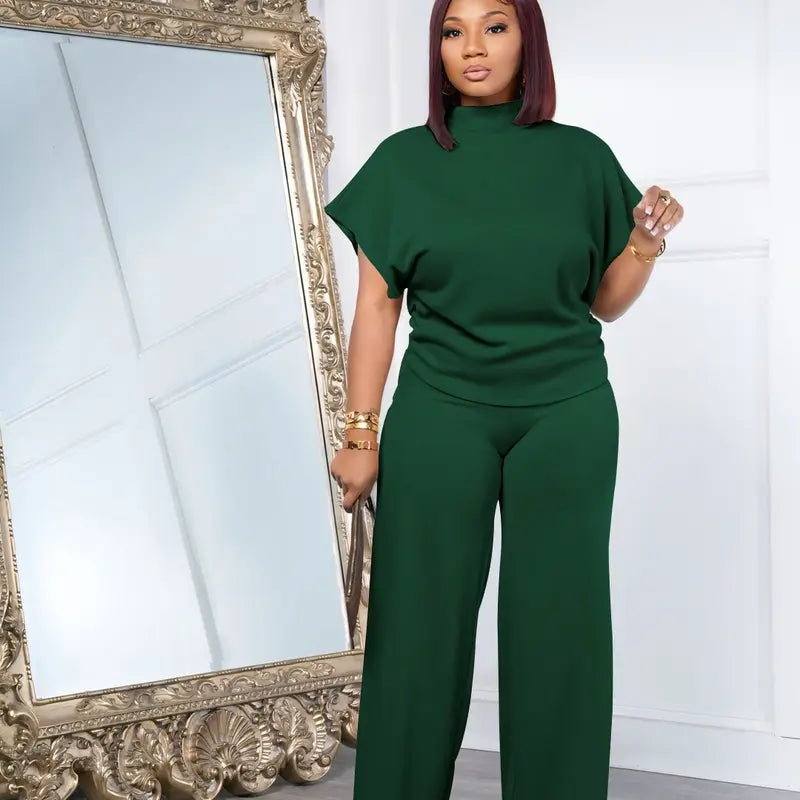 USBoutique Chic Women Summer Lightweight And Silky Soft Set Two Piece Casual Set Short Sleeved Semi High Neck Loose Top Wide Leg Pants Set