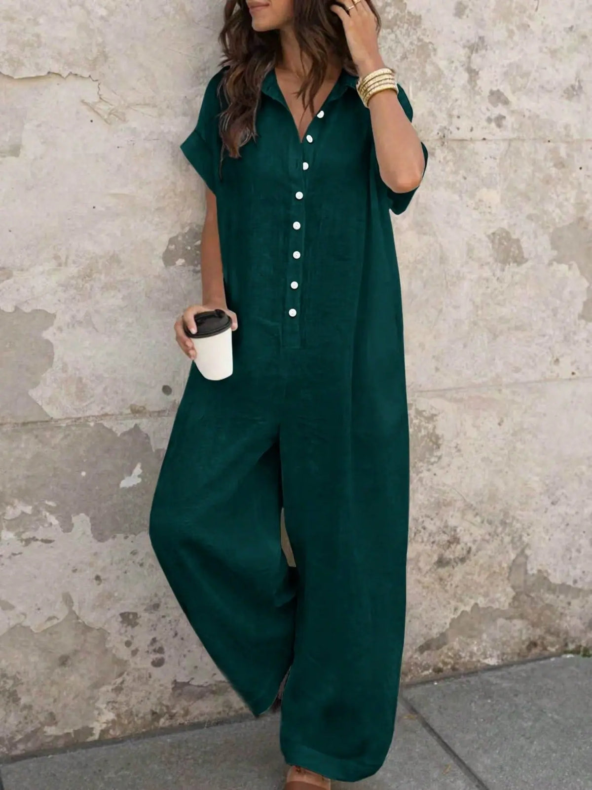 Women's Casual Minimalist Loose-Fitting Jumpsuit, Summer Short Sleeve Collared Print Jumpsuit, Wide Leg Long Pants with Button Closure