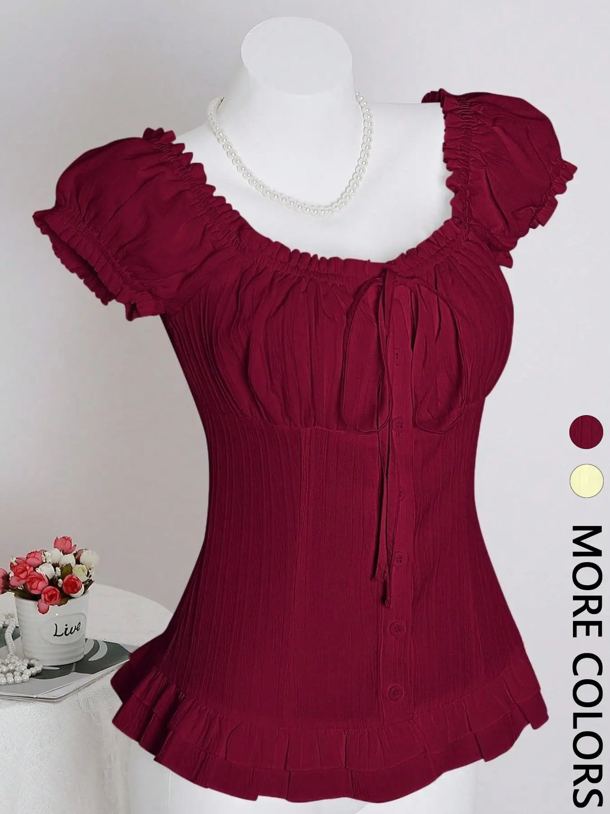 Women's Square Neck Puff Sleeve Button Front Blouse, Ruched Detail Ruffle Hem Slim Fit, Elegant Casual Daily Work Wear