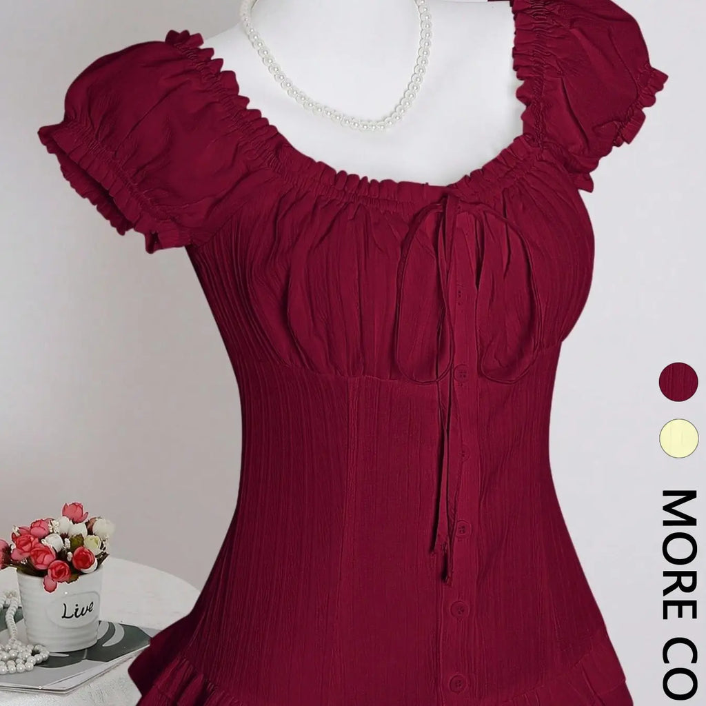 Women's Square Neck Puff Sleeve Button Front Blouse, Ruched Detail Ruffle Hem Slim Fit, Elegant Casual Daily Work Wear