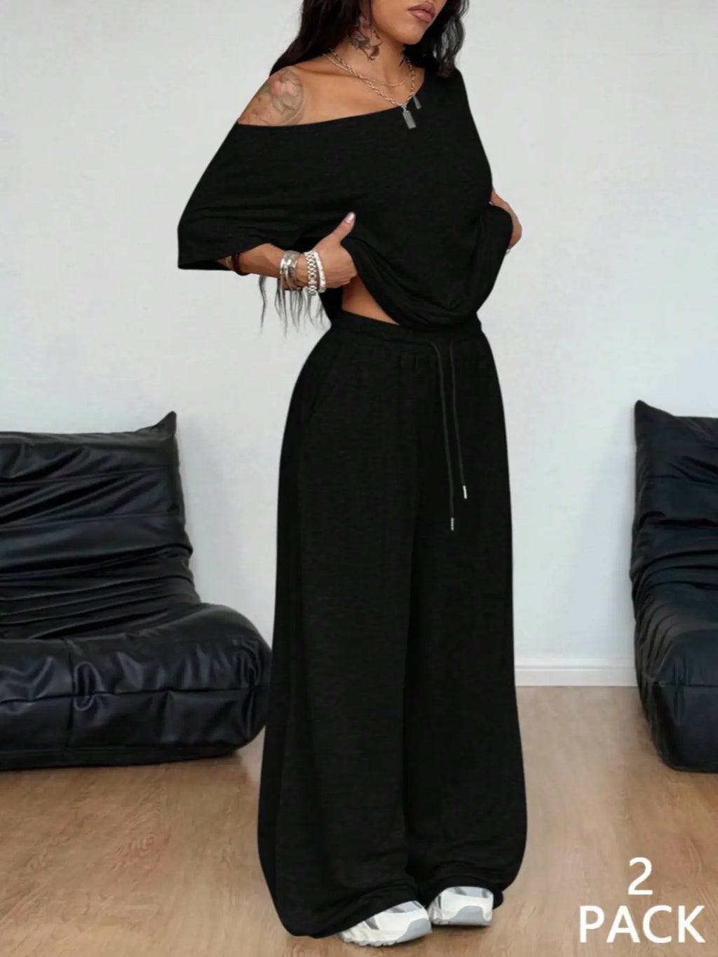 2pcs/Set Women's Minimalist Basic Daily Wear Going Out Sport Comfortable Off Shoulder T-Shirt And Wide Leg Pants Two Pieces Outfits Clothes