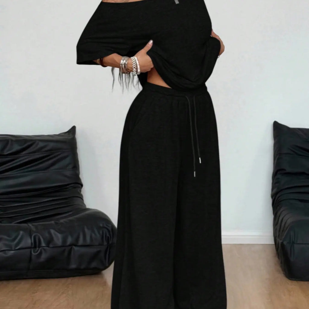 2pcs/Set Women's Minimalist Basic Daily Wear Going Out Sport Comfortable Off Shoulder T-Shirt And Wide Leg Pants Two Pieces Outfits Clothes