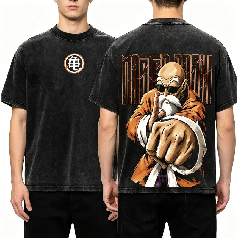 Master Roshi - DBZ Turtle Hermit Double Printed Graphic Tee, Heavy Cotton Oversized Shirt, Vintage Washed Streetwear For Men, Gift For Anime Lovers And DBZ Fans