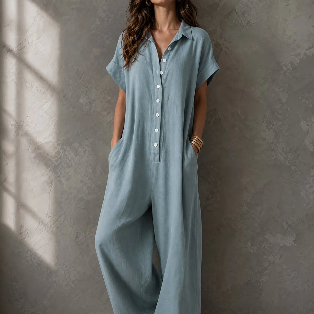 Women's Casual Minimalist Loose-Fitting Jumpsuit, Summer Short Sleeve Collared Print Jumpsuit, Wide Leg Long Pants with Button Closure