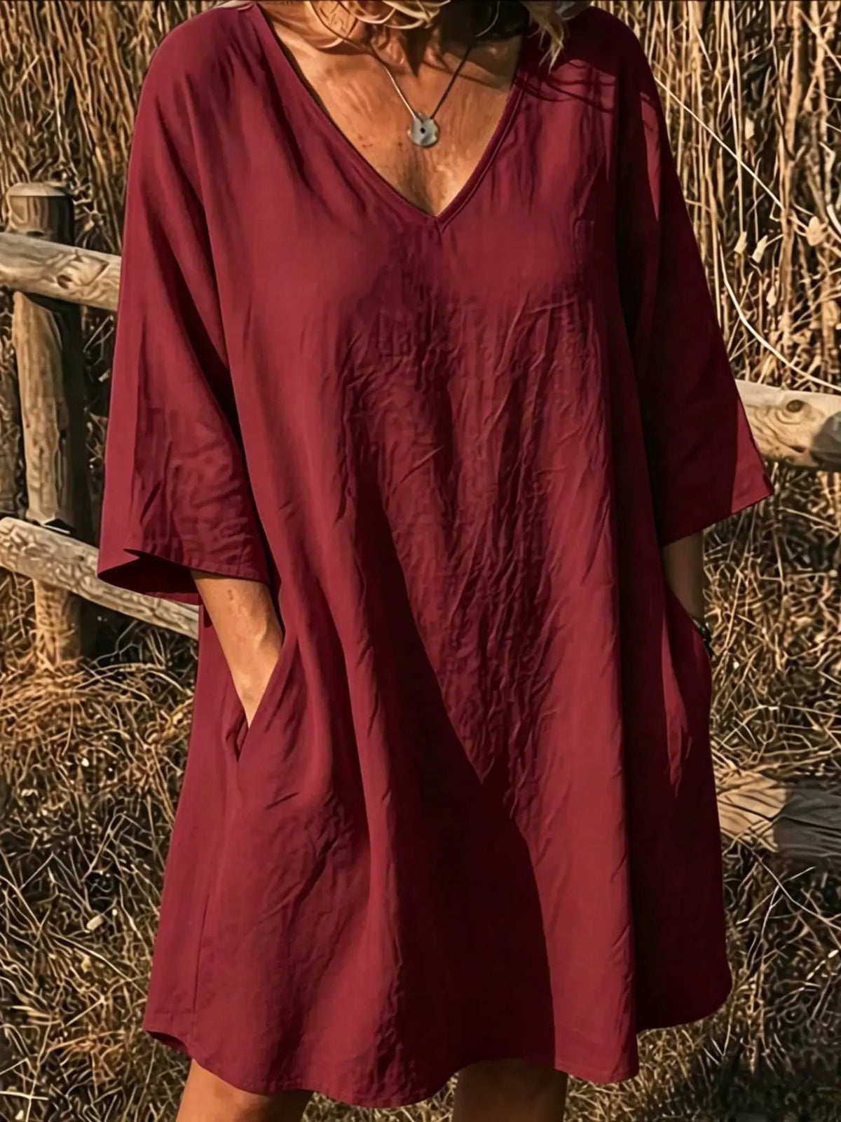 Elegant V-Neck Top, Loose Long Sleeve with Large Pockets, Breathable Linen Texture, Casual Summer Shirt for Women, Comfortable and Stylish