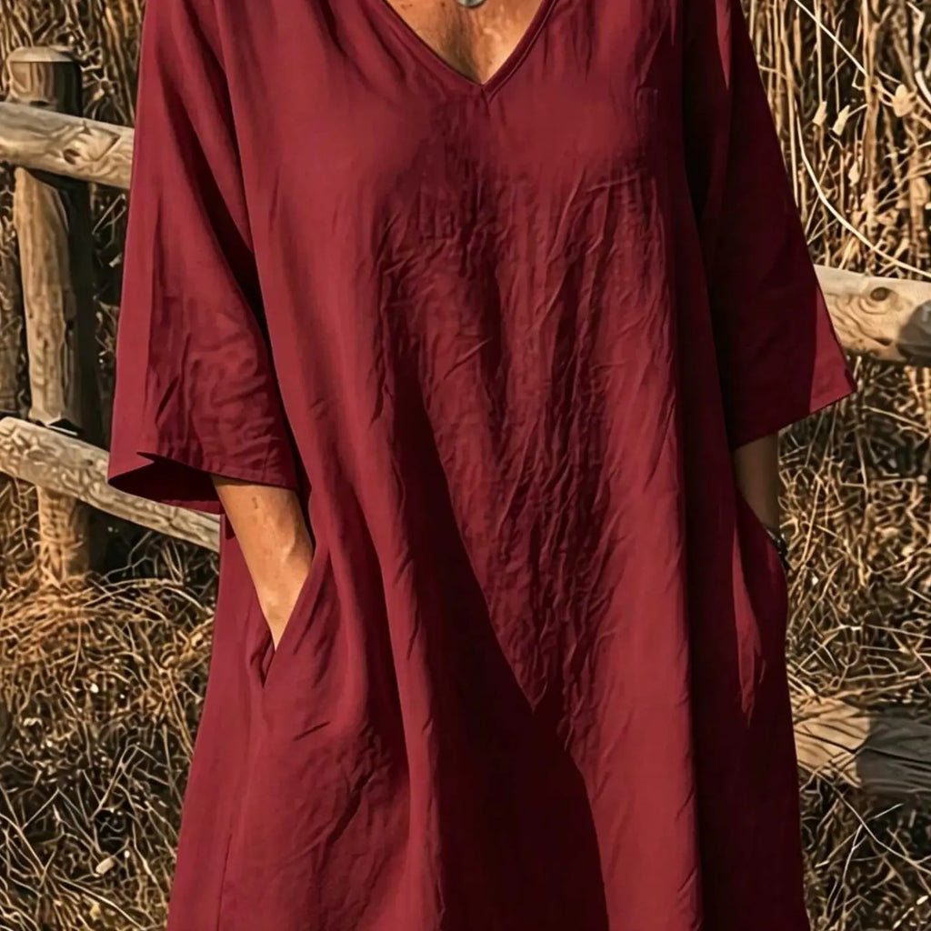 Elegant V-Neck Top, Loose Long Sleeve with Large Pockets, Breathable Linen Texture, Casual Summer Shirt for Women, Comfortable and Stylish