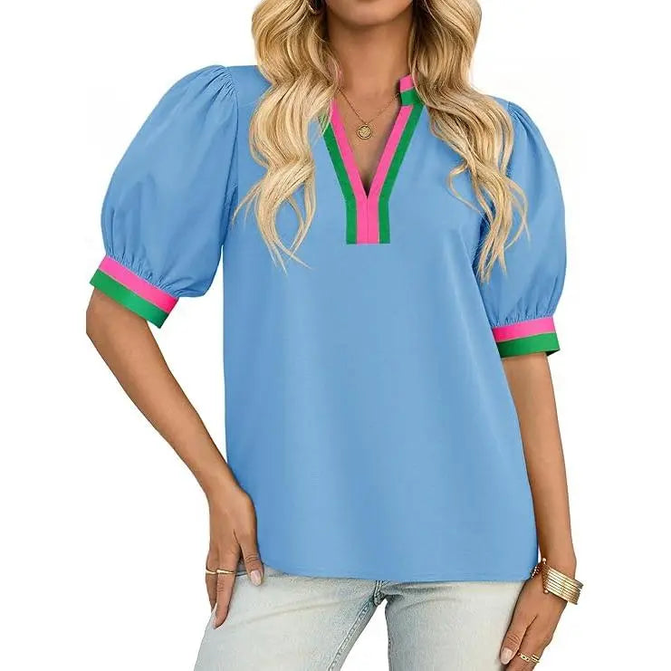 TANKANEO Women's Elegant Chic V-Neck Puff Sleeve Polyester Blouse - Dressy Tops for Coffee, Party, Summer, Loose Fit with Floral or Leopard Prints, Blouses for Women