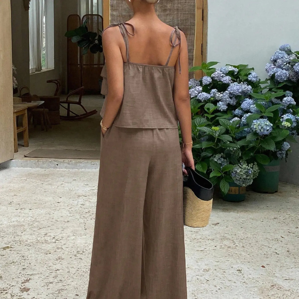 2-Piece Women's Sleeveless Ruffle Top & High Waist Casual Pants Set, High Waisted Sets, Coordinate, Clothes, Comfortable and Trendy Outfits, Stylish Summer Wear