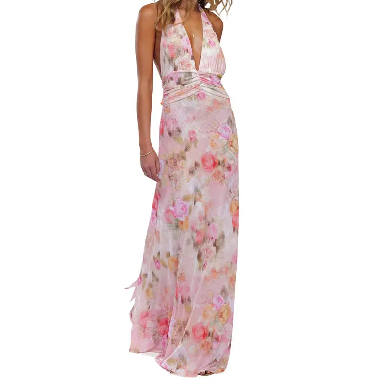 Women Long Dress, Sleeveless Halter Dress Backless Flower/Dots Print Summer Cocktail Dress Womenswear Feminine Formal Light