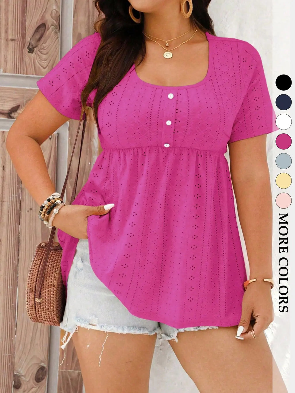 Women's Plus Size Babydoll Eyelet Peplum Top, Shirts, Boho Clothing, Short Sleeve Scoop Neck Pearl Button Casual Chic Bohemian Blouse, Flowy Tummy Control Fit Boho Summer Style