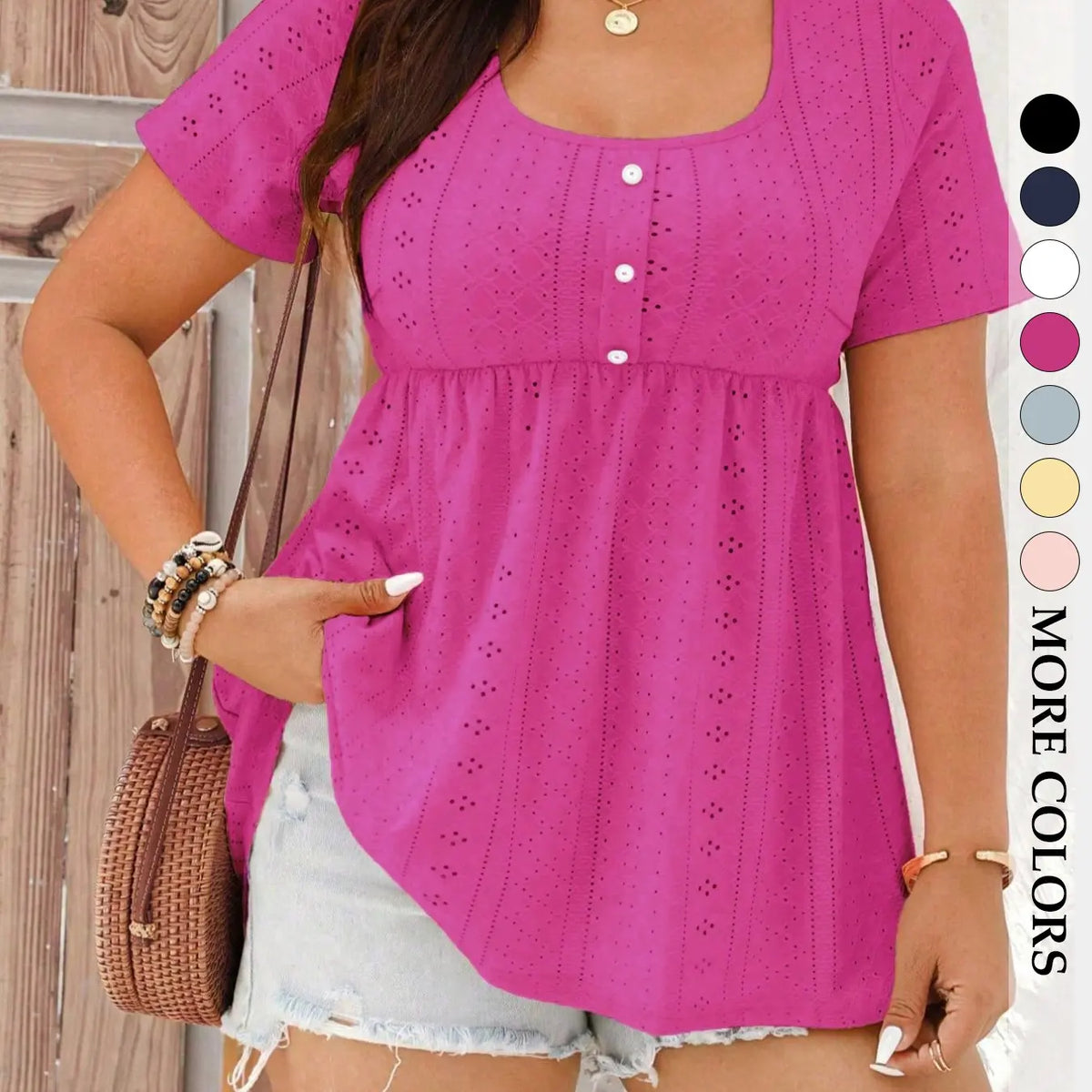Women's Plus Size Babydoll Eyelet Peplum Top, Shirts, Boho Clothing, Short Sleeve Scoop Neck Pearl Button Casual Chic Bohemian Blouse, Flowy Tummy Control Fit Boho Summer Style
