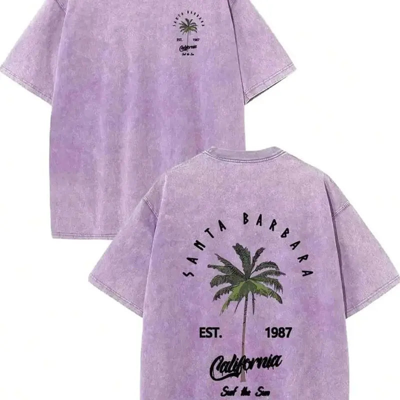 Vintage Santa Barbara California T-Shirt, Retro Washed Cotton Oversized Short Sleeve Tee, EST. 1987 Surf The Sun Palm Tree Graphic Casual Summer Top for Men Women