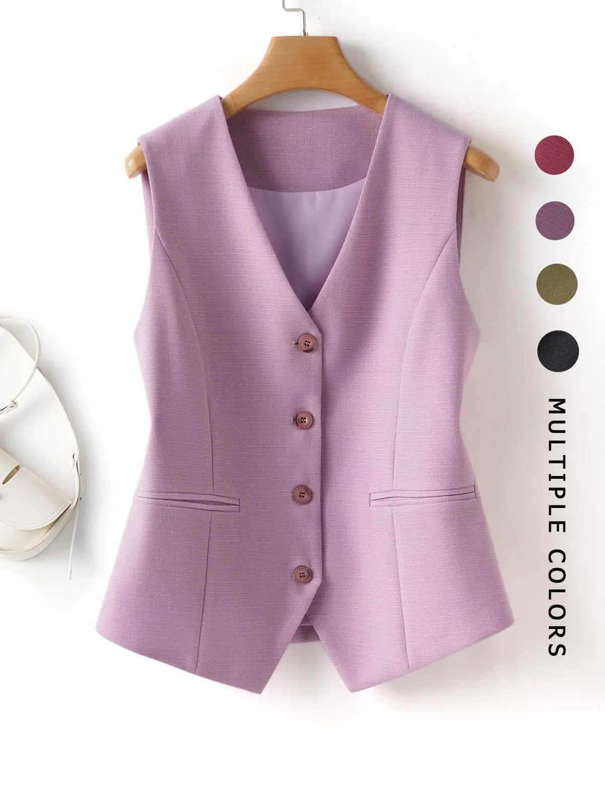 Women's V-Neck Button Gilet, Button Front Vest, Short Elegant Vest for Spring & Fall, Casual Plain Surface Outerwear, Fashionable Slim Fit Top