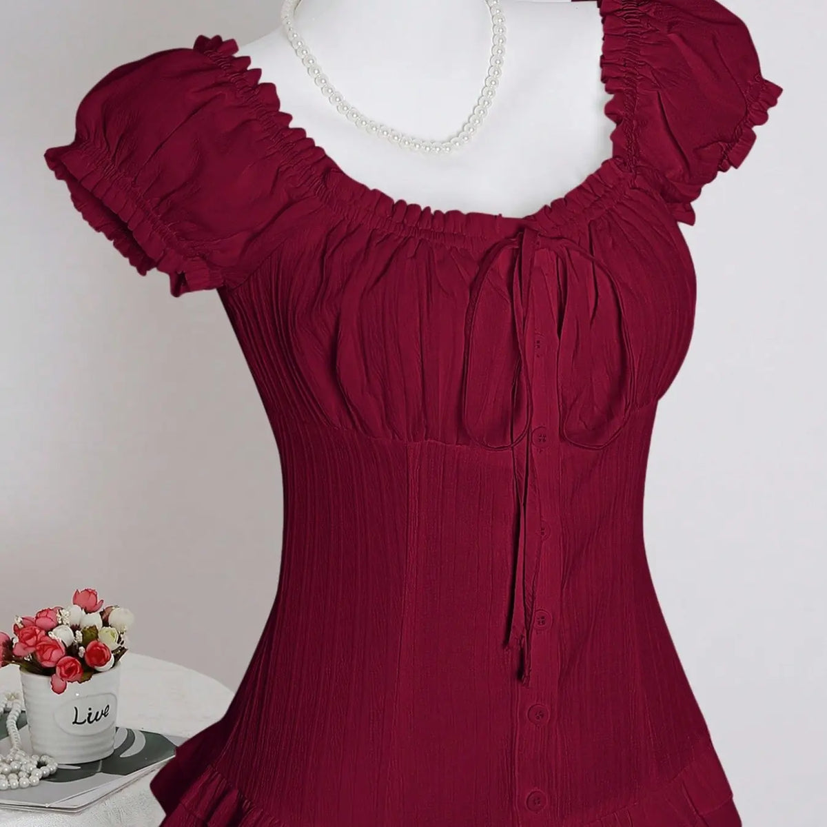 Women's Square Neck Puff Sleeve Button Front Blouse, Ruched Detail Ruffle Hem Slim Fit, Elegant Casual Daily Work Wear