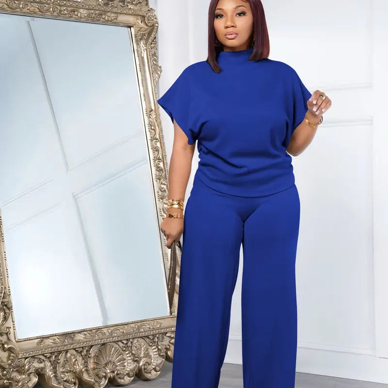 USBoutique Chic Women Summer Lightweight And Silky Soft Set Two Piece Casual Set Short Sleeved Semi High Neck Loose Top Wide Leg Pants Set