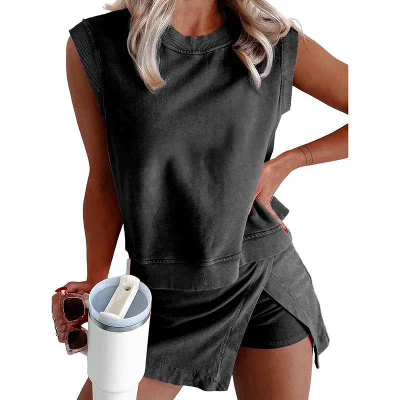 Mundoven Womens Y2K 2 Piece Washed Cotton Outfits Tank Top Skort Set Casual Summer Tracksuit with Side Slit & Built-in Shorts Breathable Womenswear