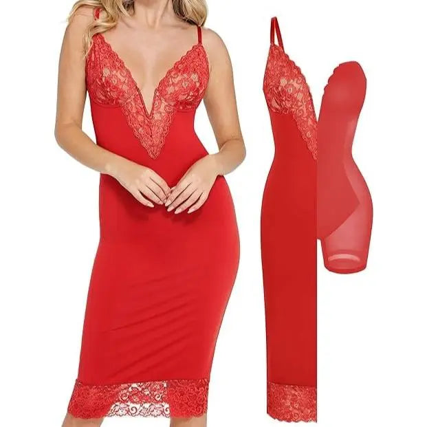 Popilush Lace Bodycon Dress Deep V-Neck Spaghetti Strap Shapewear Women Tummy Control Cocktail Party Elegant Floral