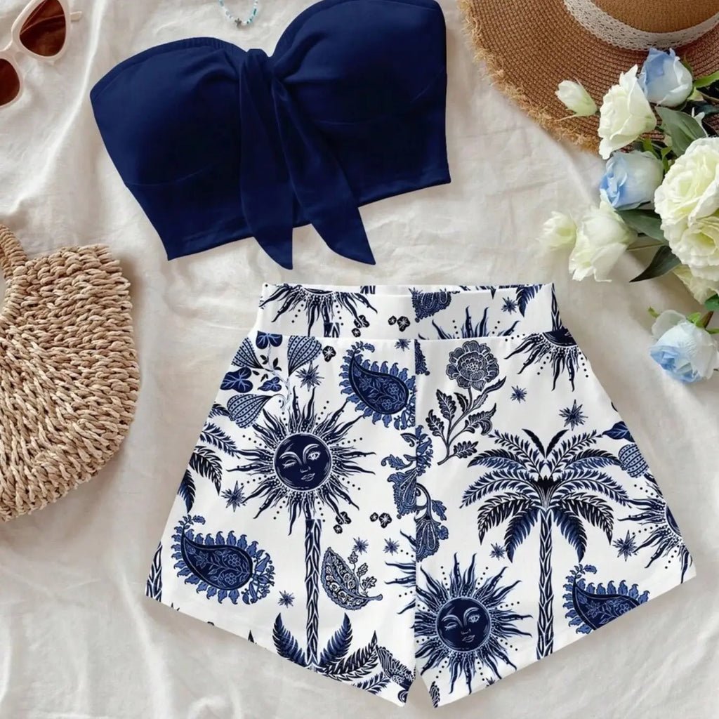 Women's Two-Piece Casual Vacation Tie Front Crop Top and Print Shorts Set, Summer Beach Wear, Beach Outfits Set, Daily Festival Clothing