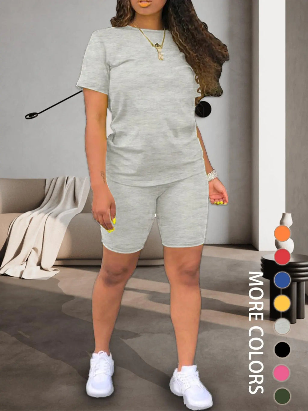 Two-piece Women's Fitted Plain Basic Round Neck Tee & Skinny Shorts Set, Minimalist, Casual Summer Clothes for Women, Short Sleeve Crew Neck T-shirt & Shorts, Summer Outfit for Outdoor, Matching Clothing Set, Casual Beach Set, Fashion Clothes Set
