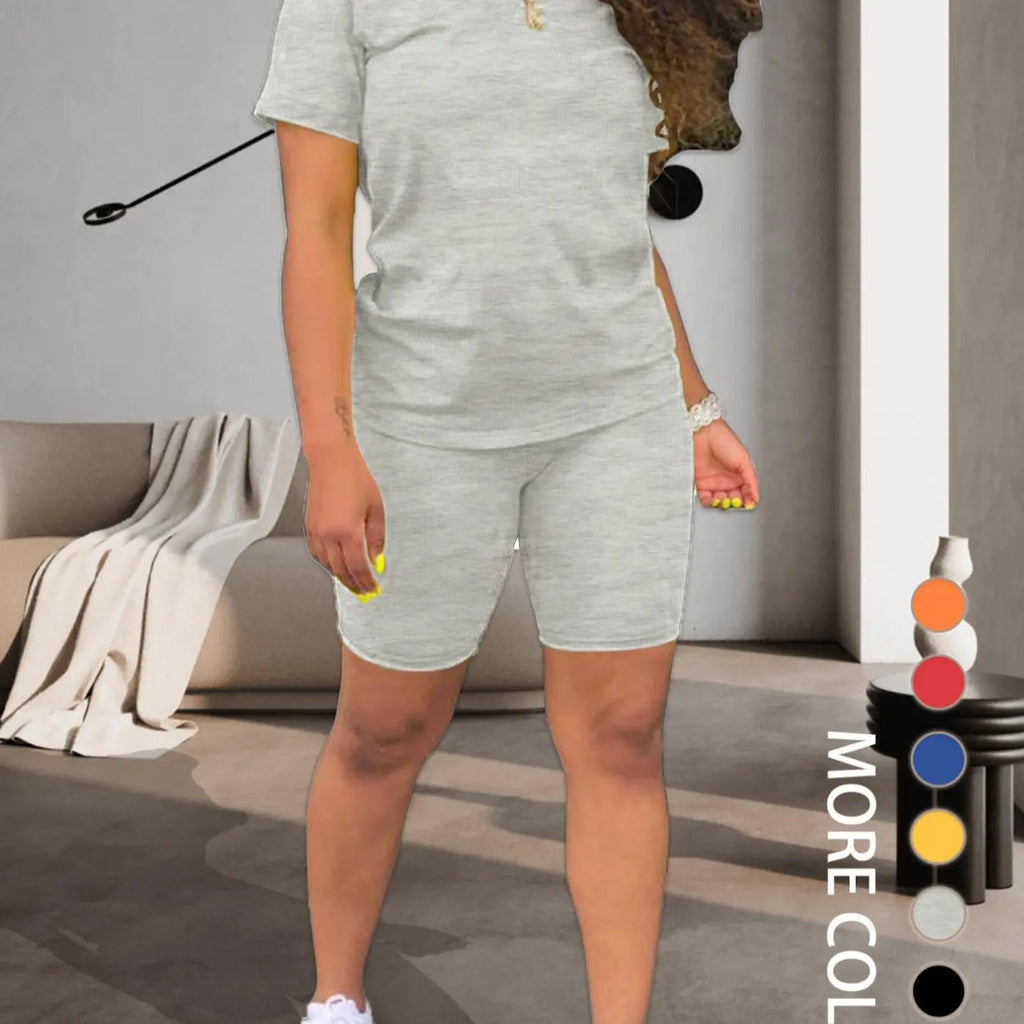 Two-piece Women's Fitted Plain Basic Round Neck Tee & Skinny Shorts Set, Minimalist, Casual Summer Clothes for Women, Short Sleeve Crew Neck T-shirt & Shorts, Summer Outfit for Outdoor, Matching Clothing Set, Casual Beach Set, Fashion Clothes Set