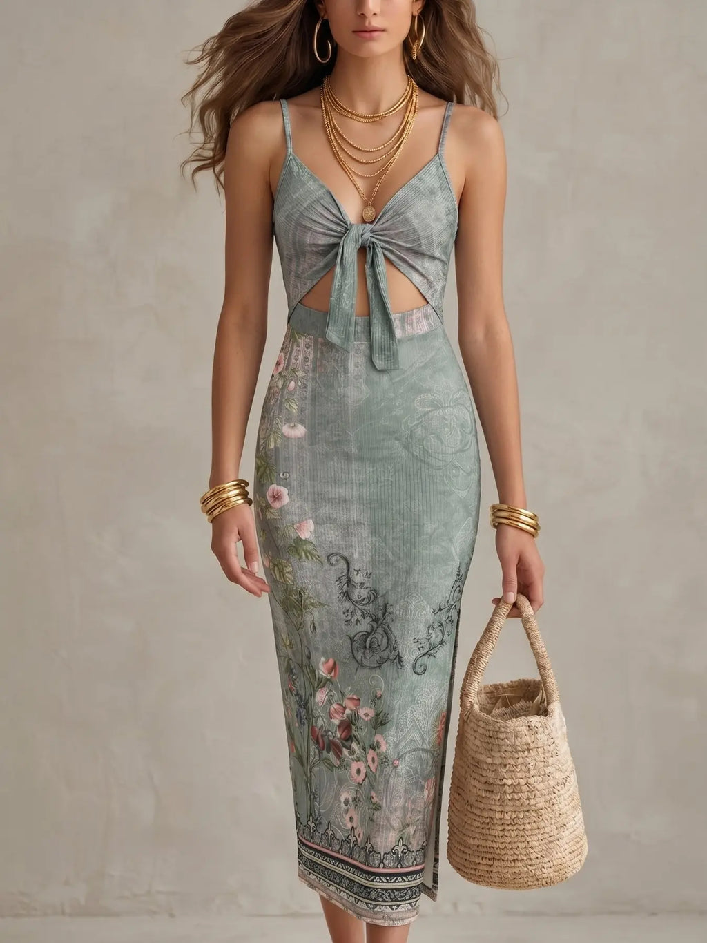 Women's Cut Out Backless Knot Front Twist Ribbed Spaghetti Strap Cami Sleeveless Dress, Solid Adjustable Strap Split Thigh Chic Long Fit Dress for Party Club Dating Wear, Ladies Summer Clothes Womenswear