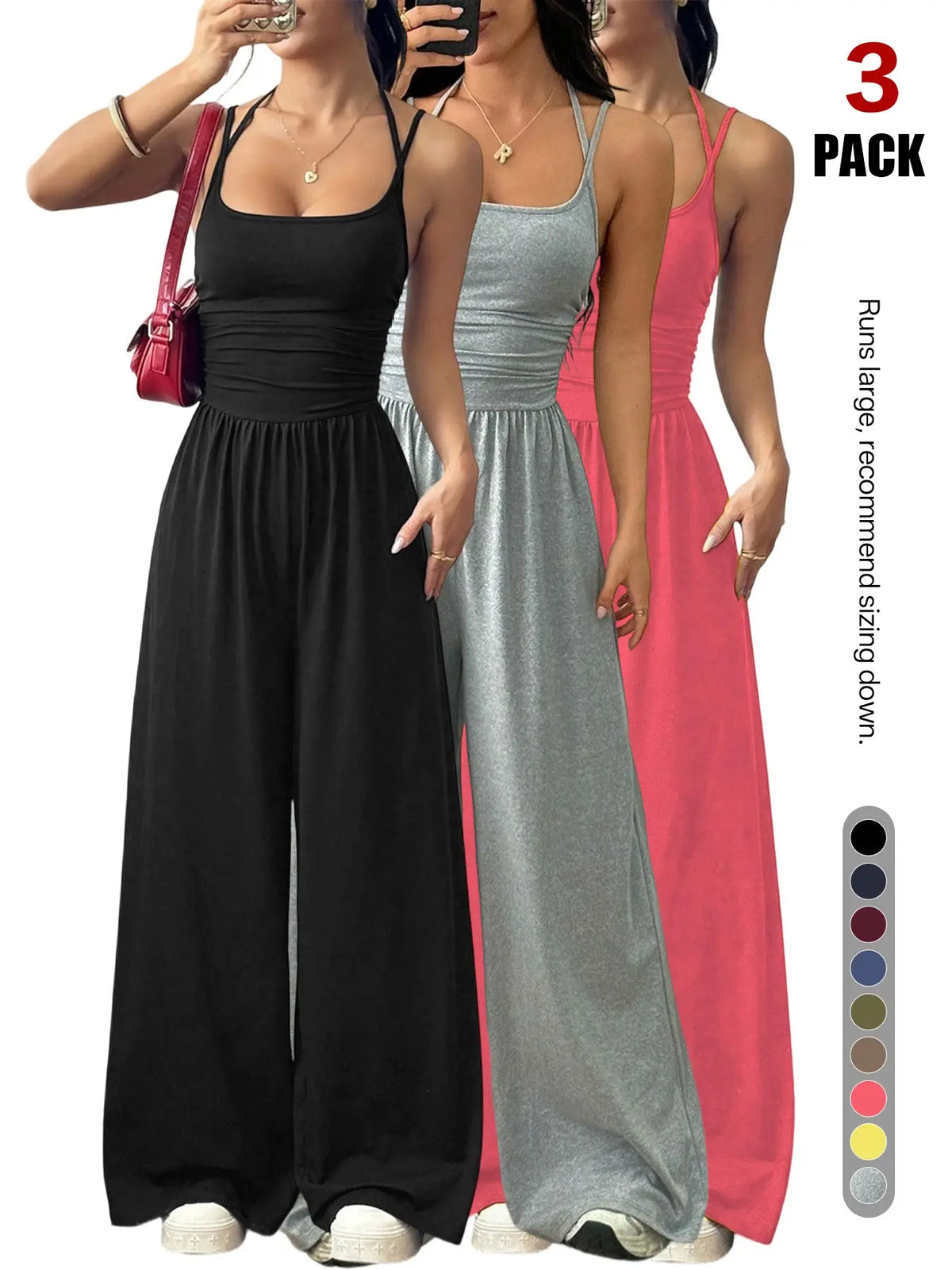 Women's Backless Jumpsuit, Basic Spaghetti Strap Smocked Bodice One Piece Romper, Sleeveless Wide Leg Casual Outfit, No Pockets, All Seasons Vacation Wear