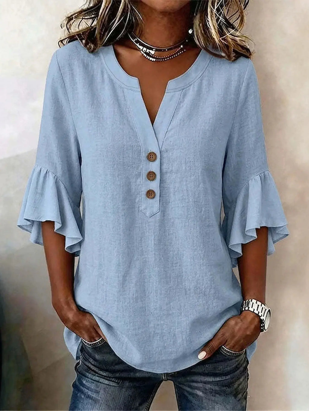 Women's V-Neck Solid Color Button Front Casual Loose Ruffle Sleeve T-Shirt, Fashionable Leisure Top, Stylish and Comfortable, Ruffled, Everyday