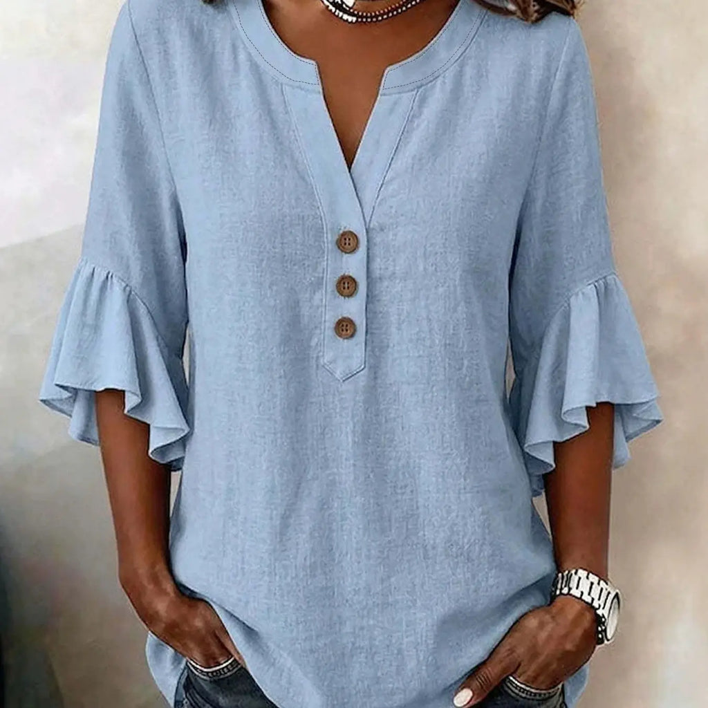 Women's V-Neck Solid Color Button Front Casual Loose Ruffle Sleeve T-Shirt, Fashionable Leisure Top, Stylish and Comfortable, Ruffled, Everyday