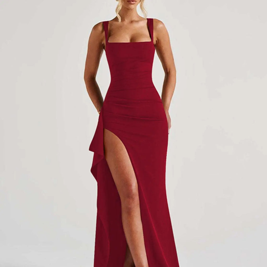 Women's Solid Color Pleated Ruched Side High Slit Sleeveless Knit Fabric Bodycon Fit Dress, Sexy Backless Square Neck Formal Dress, Evening Gown for Parties, Clubs and Dates, Elegant Classy Long Dress for All-Season Daily Wear, Evening Glam Gown