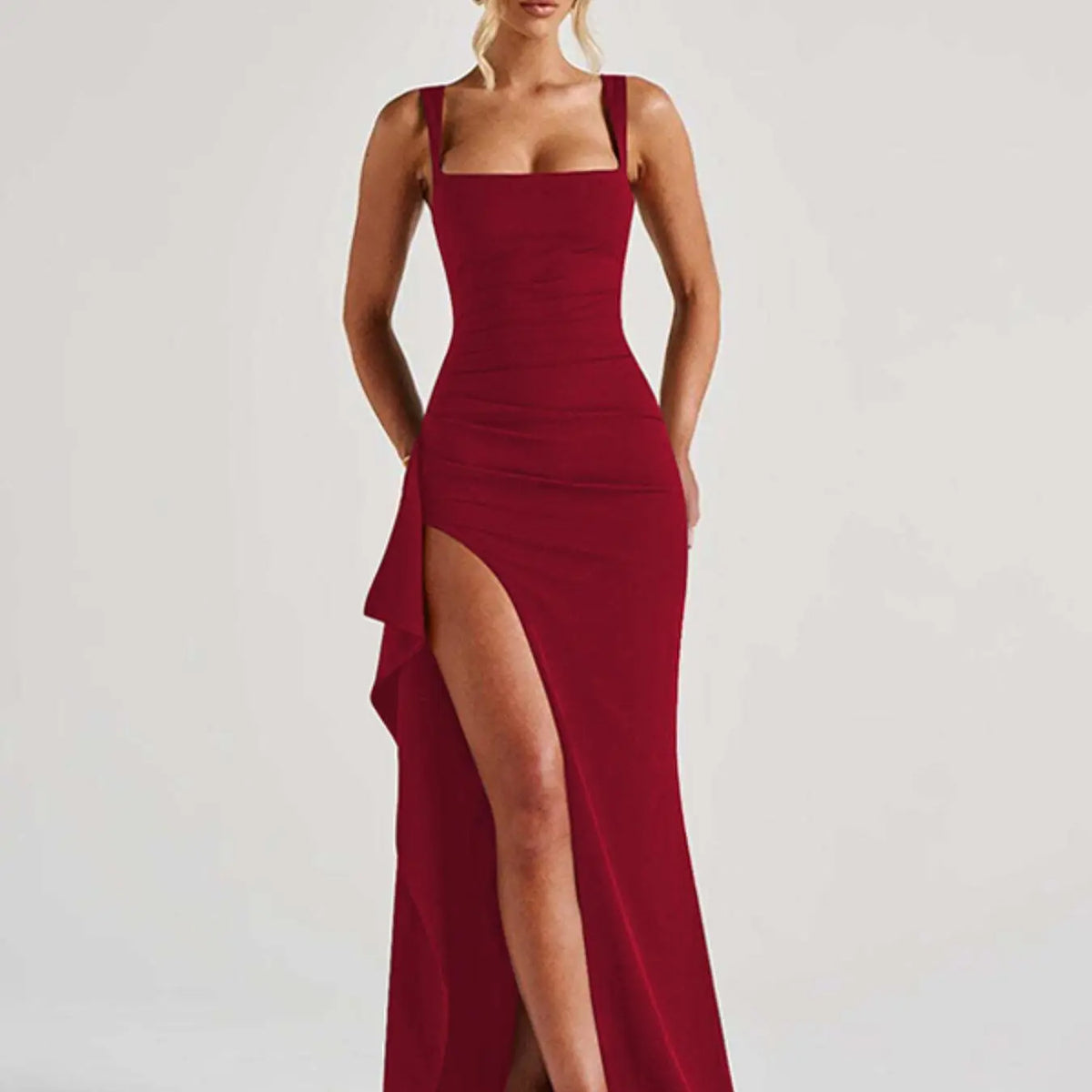 Women's Solid Color Pleated Ruched Side High Slit Sleeveless Knit Fabric Bodycon Fit Dress, Sexy Backless Square Neck Formal Dress, Evening Gown for Parties, Clubs and Dates, Elegant Classy Long Dress for All-Season Daily Wear, Evening Glam Gown