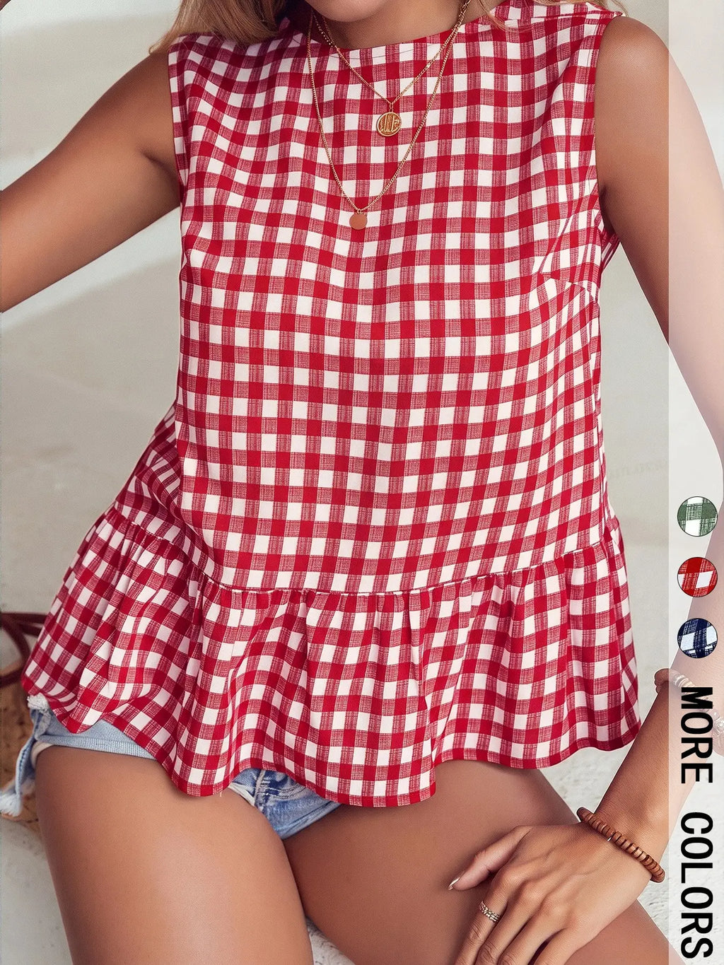 Women's Casual Aesthetic Green Plaid Print Sleeveless Top, Summer Tops Trendy Commute and Vacation Essential, Ruffled Hem Design, Perfect for Everyday Wear