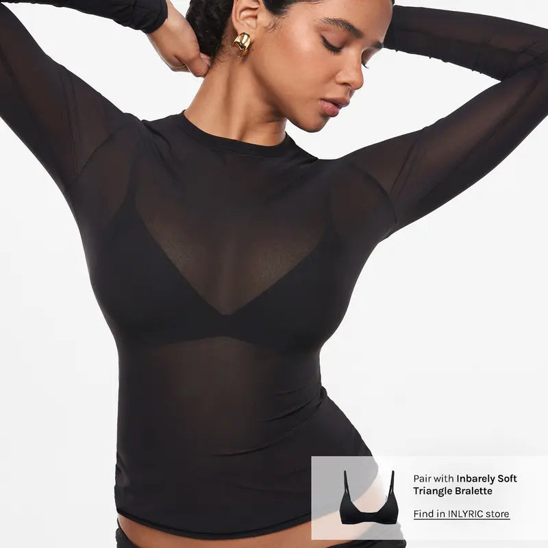 Cosnufy Mesh Sheer Long Sleeve Top Single Layer Crew Neck See Through