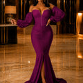 Women's Elegant, Off Shoulder Puff Long Sleeve Sweetheart Neck Corset Bodycon Maxi Dress, Front Zip Ruched Mermaid Hem Slit Formal Evening Wear Dress for Prom, Wedding Guest & Gala, Women's Spring Fall Fashion