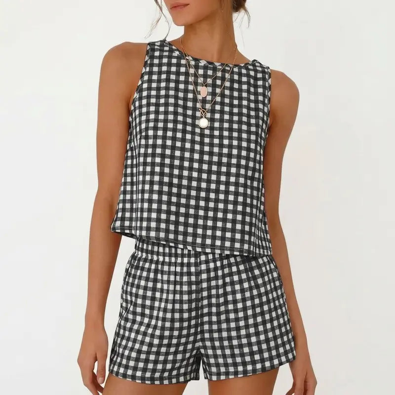 IDEALSANXUN Women's Cute 2-Piece Casual Knit Set - Ribbed Knit Gingham Tank Top with Button Accent, Matching Checkered Shorts, Cropped, Soft Lightweight Cotton, Elastic Waist, Summer Beach Outfit, Two Piece Sets