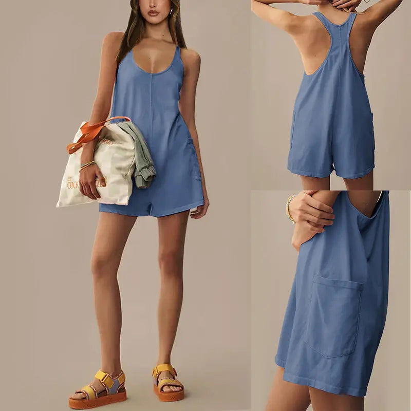 Ommig Women's Breezy Cotton-Elastane Pocketed Pullover Romper - Cute Sleeveless Square Neck Oversized Casual Athletic Basics, Above-The-Knee Work-To-Beach Maternity Summer Shorts Jumpsuit