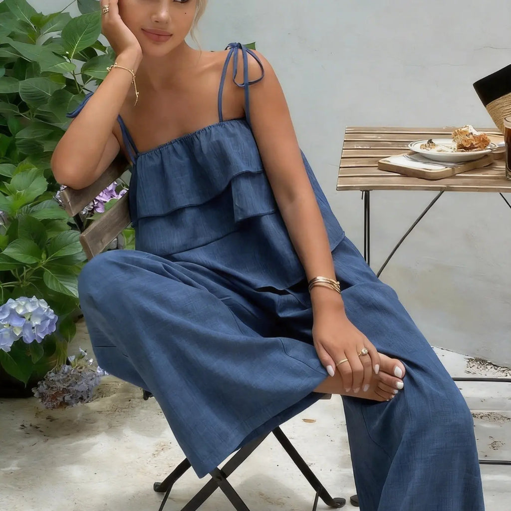 2-Piece Women's Sleeveless Ruffle Top & High Waist Casual Pants Set, High Waisted Sets, Coordinate, Clothes, Comfortable and Trendy Outfits, Stylish Summer Wear