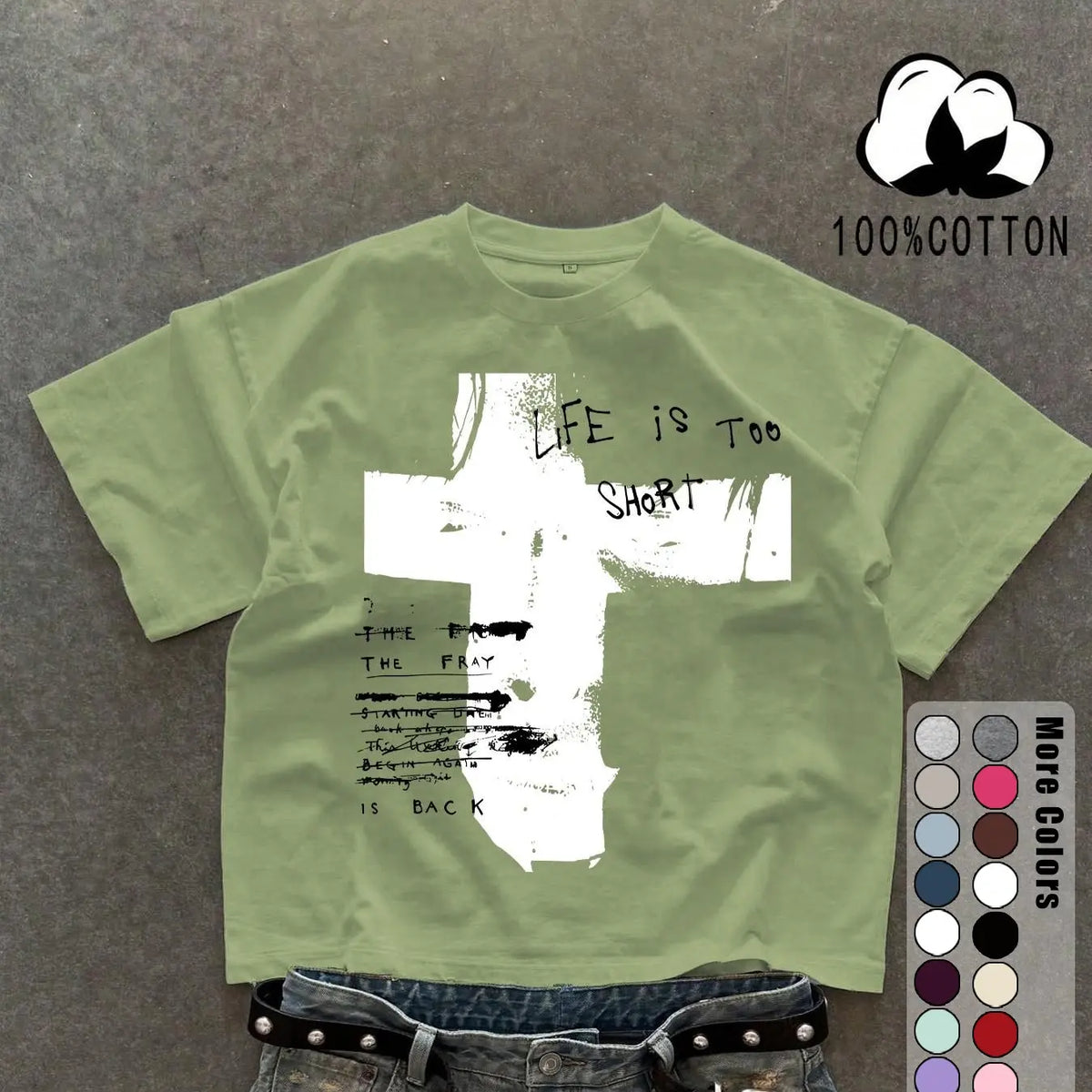 Unisex 100% Cotton Short Sleeve T-Shirt, Cross Graffiti Print, Y2K Dark Gothic Street Style, Streetwear, Casual Daily Wear, Loose-Fitting, Long Length, Aesthetic, Relaxed Fit