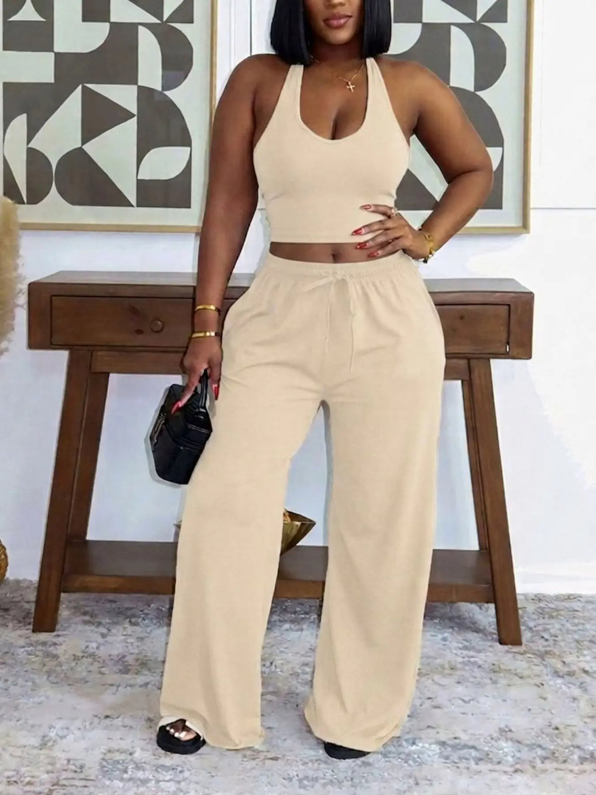 Summer New Women's Halter Neck Slimming Top & Wide-Leg Pants, Casual Backless Waist Cinch Crop Top & Drawstring Waist Pants, Womenswear