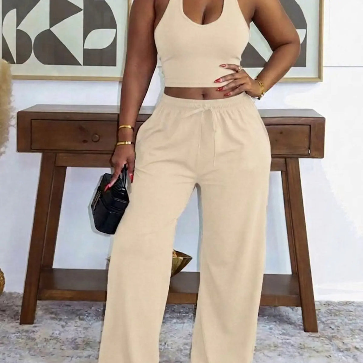 Summer New Women's Halter Neck Slimming Top & Wide-Leg Pants, Casual Backless Waist Cinch Crop Top & Drawstring Waist Pants, Womenswear
