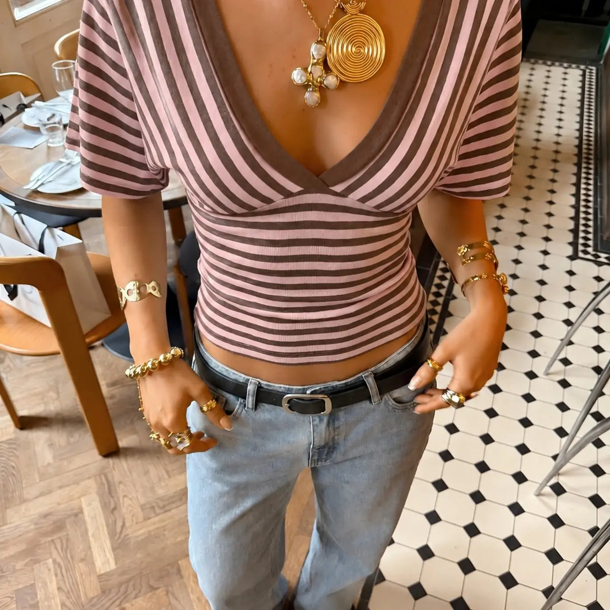 Striped V-Neck Wrap Top, Form-Fitting Puff Sleeve Y2K Crop Blouse, Stylish, Comfortable and Fashion Piece for Everyday Wear, Casual Everyday Tops