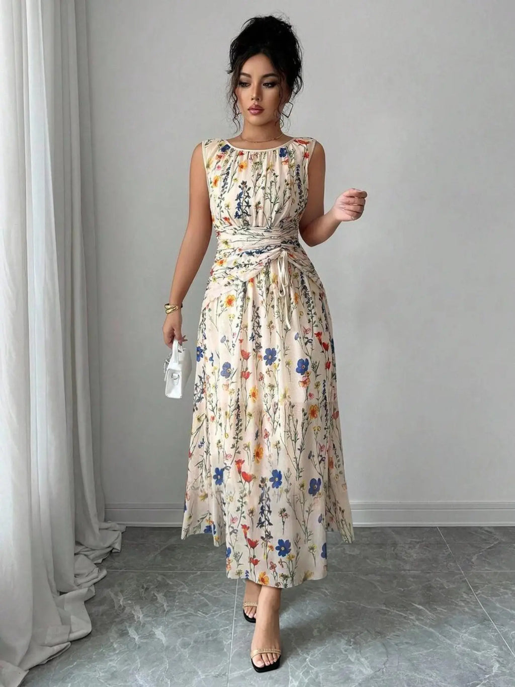 Women's Elegant Boho Floral Print Lightweight Mesh A-Line Dress, Sleeveless Adjustable Drawstring Design Long Formal Party Gown, Comfortable Office Wear, Chic Evening Dress, Versatile Daily Wear