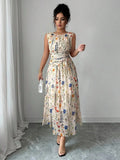 Women's Elegant Boho Floral Print Lightweight Mesh A-Line Dress, Sleeveless Adjustable Drawstring Design Long Formal Party Gown, Comfortable Office Wear, Chic Evening Dress, Versatile Daily Wear