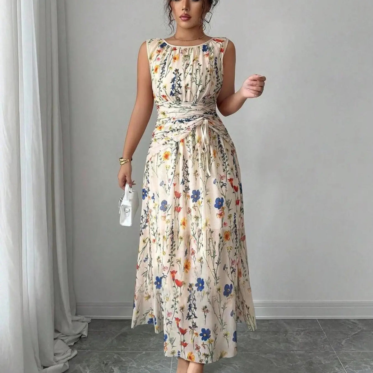 Women's Elegant Boho Floral Print Lightweight Mesh A-Line Dress, Sleeveless Adjustable Drawstring Design Long Formal Party Gown, Comfortable Office Wear, Chic Evening Dress, Versatile Daily Wear