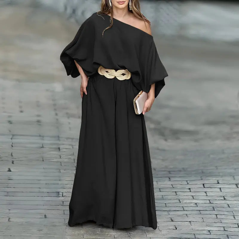 2026 CHICME Women's Skew Neck Lantern Sleeve Top & Wide Leg Pants Set & Wedding Gust