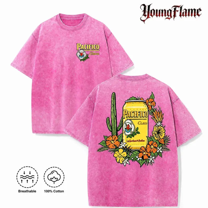 Vintage Acid Wash Tropical Beer Graphic Tee Baja Surfcore Streetwear Y2K Clothing Oversized Summer Top shirts unisex casual streetwear tee trendy short sleeve top loose fit casual shirt cotton t-shirt